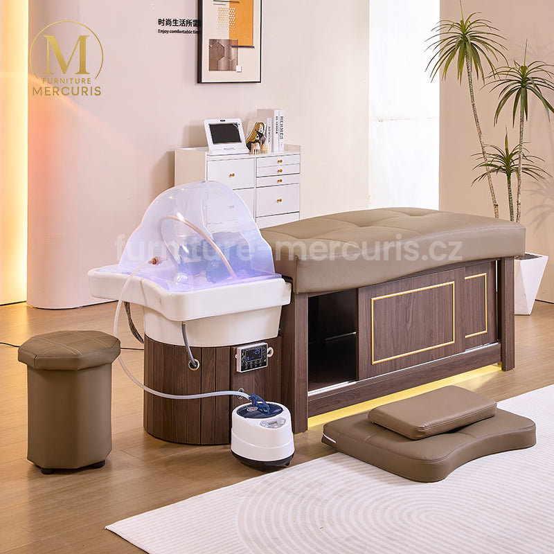 Moderní Head Spa lehátko Lunaris s vanou, LED světlem a aromaterapií.