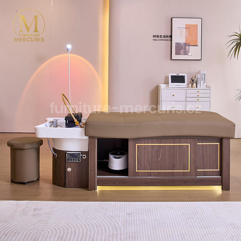 Moderní Head Spa lehátko Lunaris s vanou, LED světlem a aromaterapií.