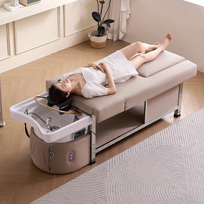 Luxusní Head Spa lehátko KORBEN s funkcí páry, aromaterapie, LED podsvícením a dvojitou mycí jednotkou – ideální pro kosmetické salony a wellness.