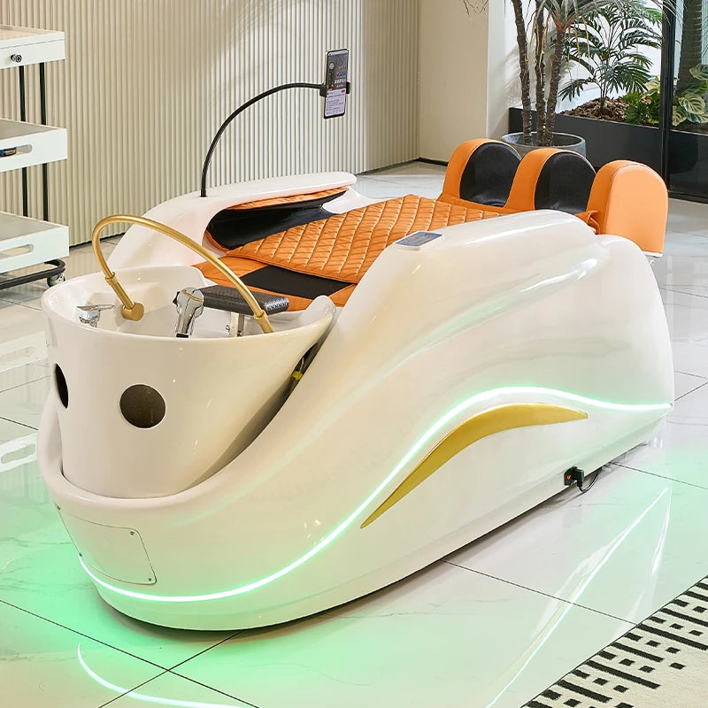 Profesionální Head Spa lehátko ONDO s keramickým umyvadlem, ohřevem zad, masážním systémem a LED osvětlením – ideální pro salony a wellness centra.