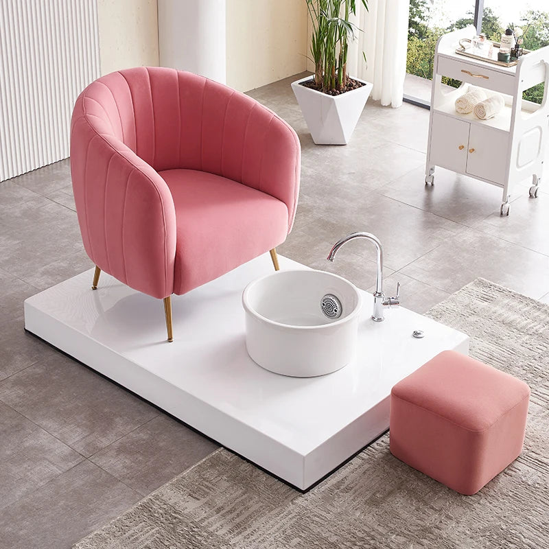 Luxury Pedicure Set with Bathtub and Designer Chair – Pink Velvet & Gold Legs