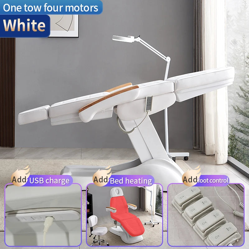 Elegant White Electric Beauty Chair with Wood Accents
