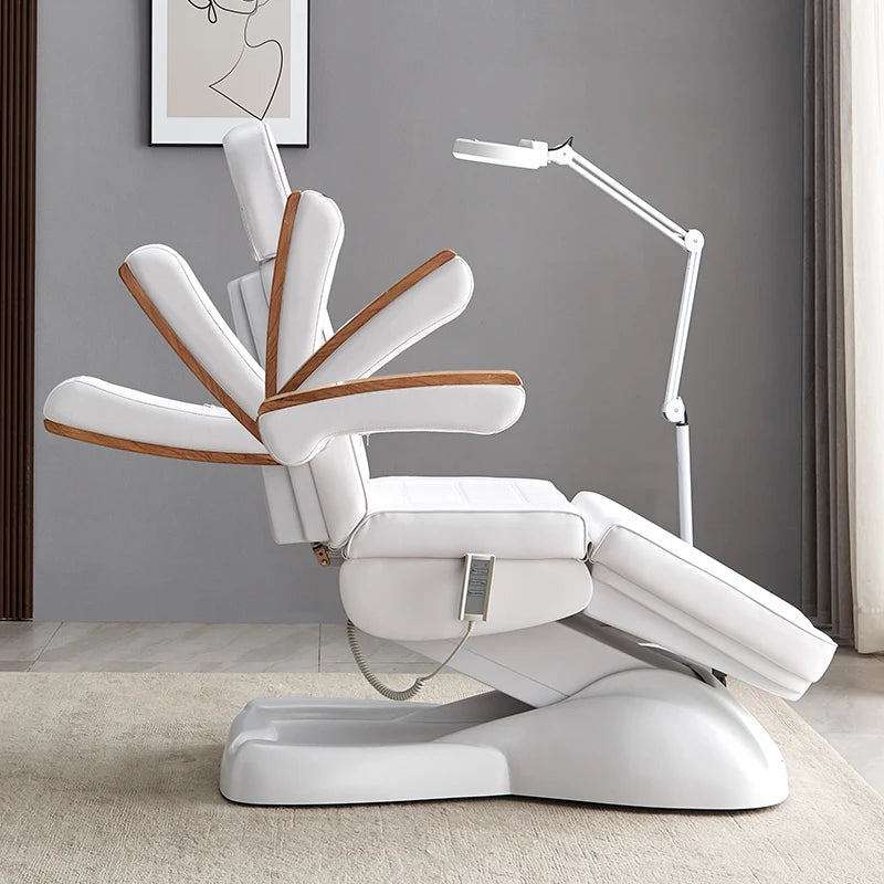 Elegant White Electric Beauty Chair with Wood Accents