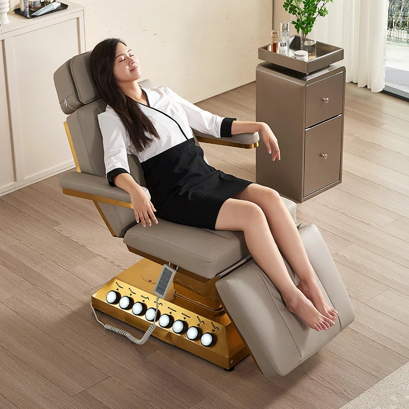 Luxusní Elektrické Kosmetické Křeslo se Zlatou Základnou - Gold Spa Bed
