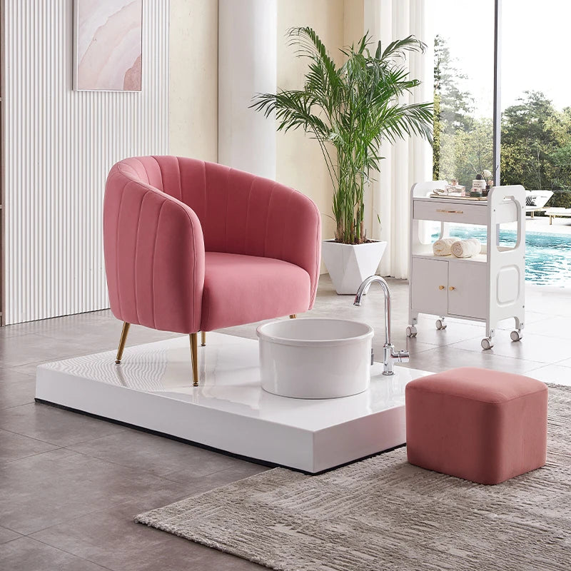 Luxury Pedicure Set with Bathtub and Designer Chair – Pink Velvet & Gold Legs