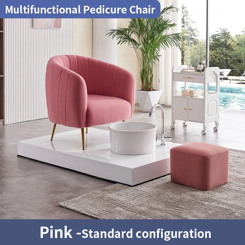 Luxury Pedicure Set with Bathtub and Designer Chair – Pink Velvet & Gold Legs