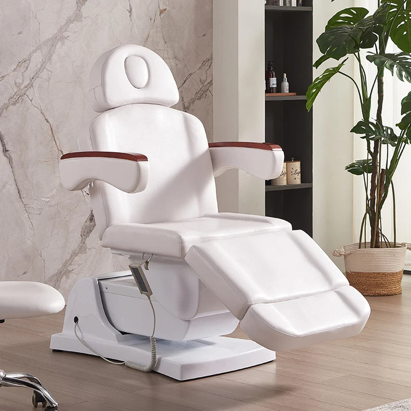 Electric Beauty Chair with Wooden Elements – White Leatherette