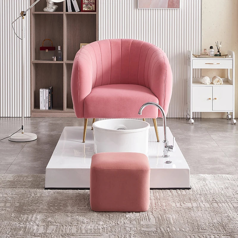 Luxury Pedicure Set with Bathtub and Designer Chair – Pink Velvet & Gold Legs