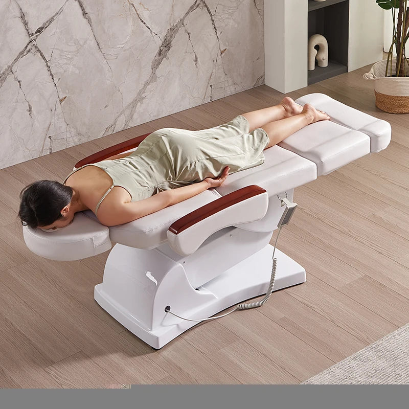 Electric Beauty Chair with Wooden Elements – White Leatherette
