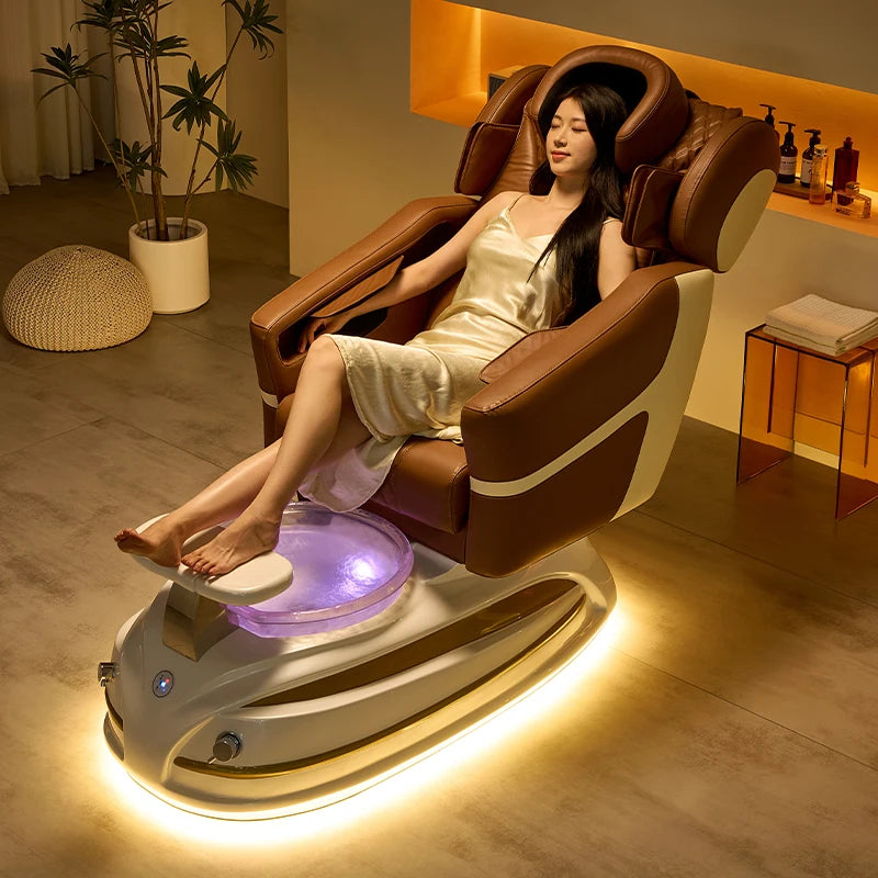 Luxury Massage Pedicure Chair with LED Backlight – Brown-Cream