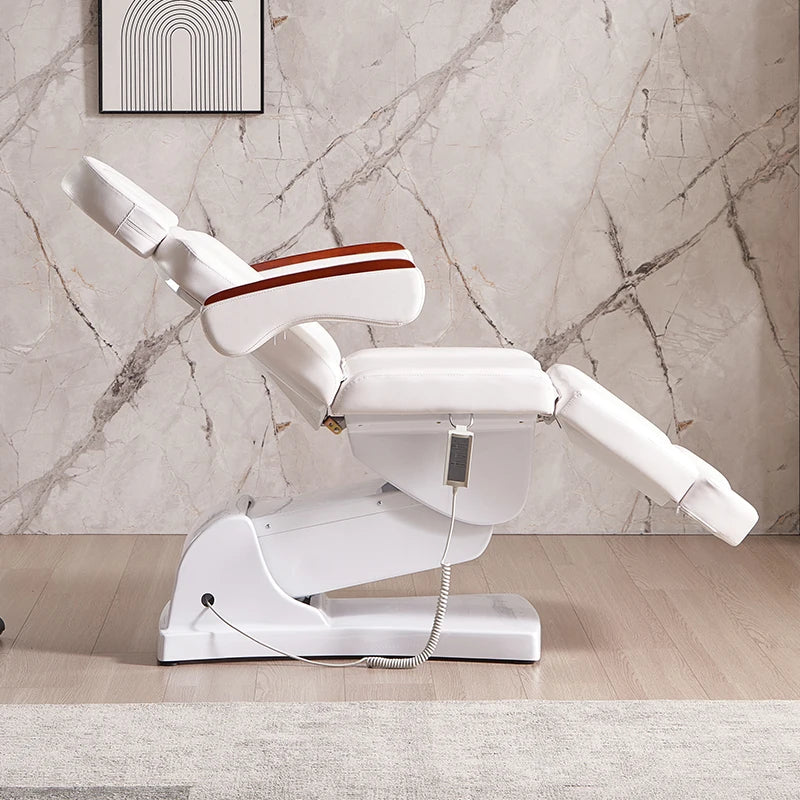 Electric Beauty Chair with Wooden Elements – White Leatherette
