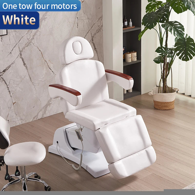Electric Beauty Chair with Wooden Elements – White Leatherette