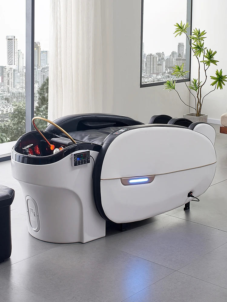 Moderní bílé SPA lehátko SPACE s černým polstrováním a LED osvětlením