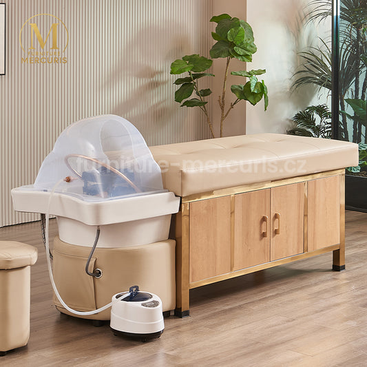 Profesionální Head Spa lehátko s vanou, fumigací a úložným prostorem. Aurora přináší luxus a relaxaci do vašeho salonu