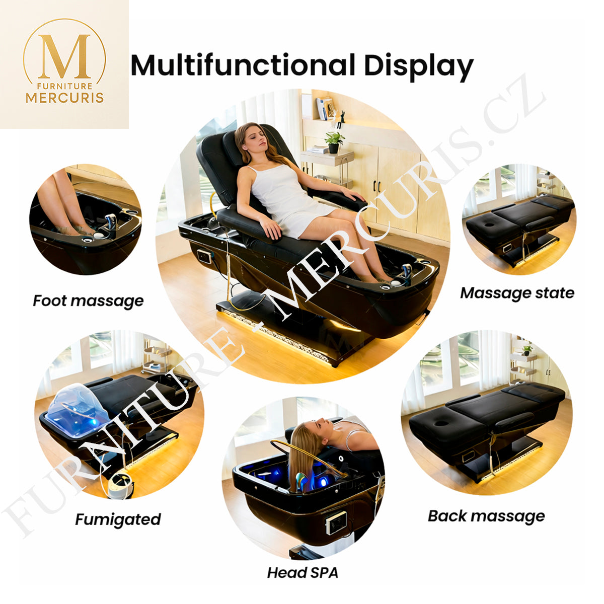 Head Spa lehátko Black Flamingo  - elektrický zdvih opěrky + LED + pedikúrní vanička