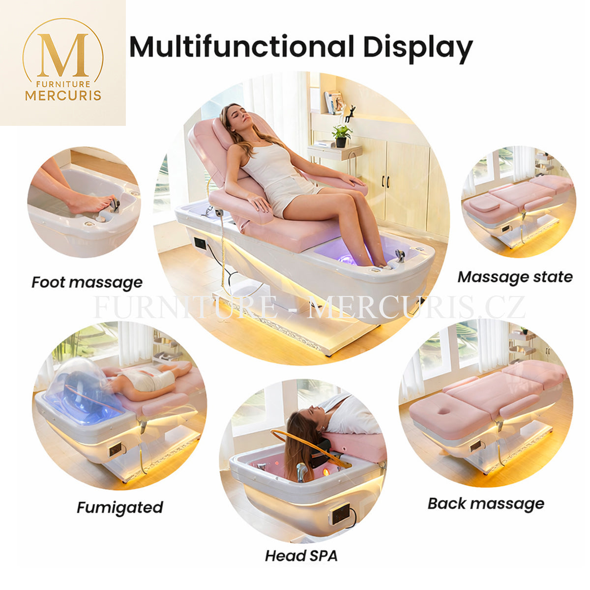 Head Spa lehátko Flamingo - elektrický zdvih opěrky + LED + pedikúrní vanička